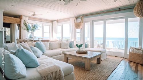 Living room decor, home interior design . Coastal Bohemian style with Ocean View decorated with Rattan and Linen material . Generative AI AIG26. photo
