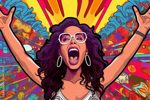 Energetic south American woman enthusiastically expresses joy on vibrant pop art backdrop  Generative AI