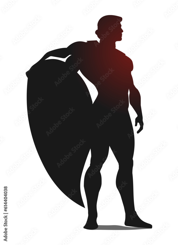 Silhouette of an athletic man in a cloak and with a shield. Full body silhouette of an athlete. Vector illustration Silhouette of an athletic man in a cloak and with a shield. Full body silhouette of an athlete. Vector illustration