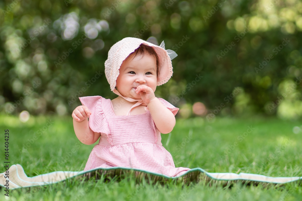 adorable and happy baby girl outdoors in the park - portrait of 7 or 8 months old beautiful little child smiling cheerful sitting on mat on grass at city park wearing cozy hat and dress adorable and happy baby girl outdoors in the park - portrait of 7 or 8 months old beautiful little child smiling cheerful sitting on mat on grass at city park wearing cozy hat and dress
