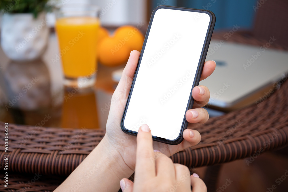 woman hands hold phone with isolated screen background table cafe woman hands hold phone with isolated screen background table cafe