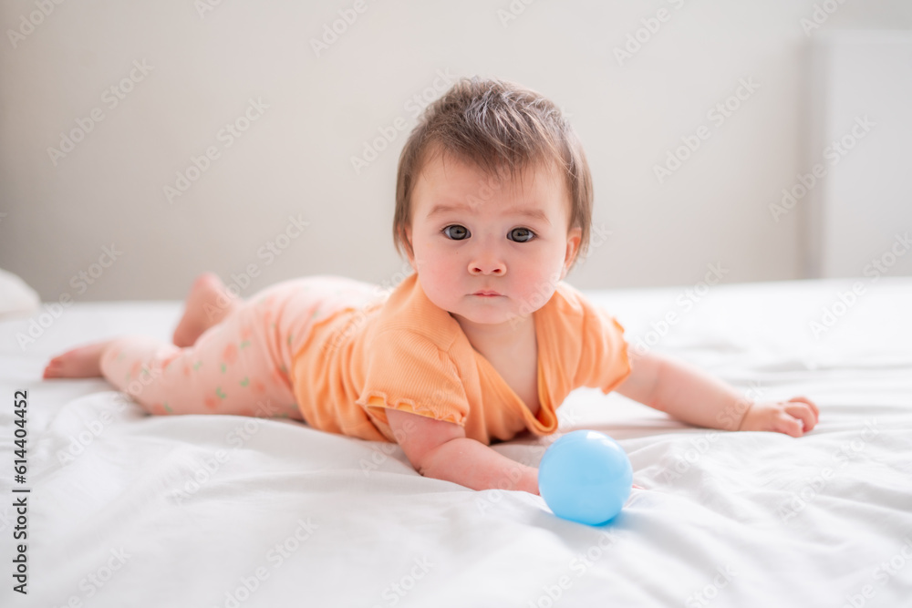 lifestyle home portrait of happy and beautiful 8 months old baby girl mixed race Asian Caucasian playing with ball cheerful on bed and exploring the surroundings curious lifestyle home portrait of happy and beautiful 8 months old baby girl mixed race Asian Caucasian playing with ball cheerful on bed and exploring the surroundings curious