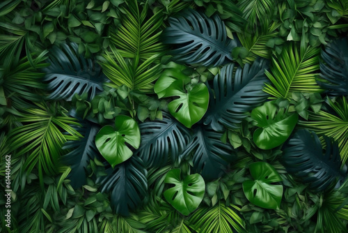 forest jungle green palm leaf tree black tropical colourful background nature. Generative AI.
