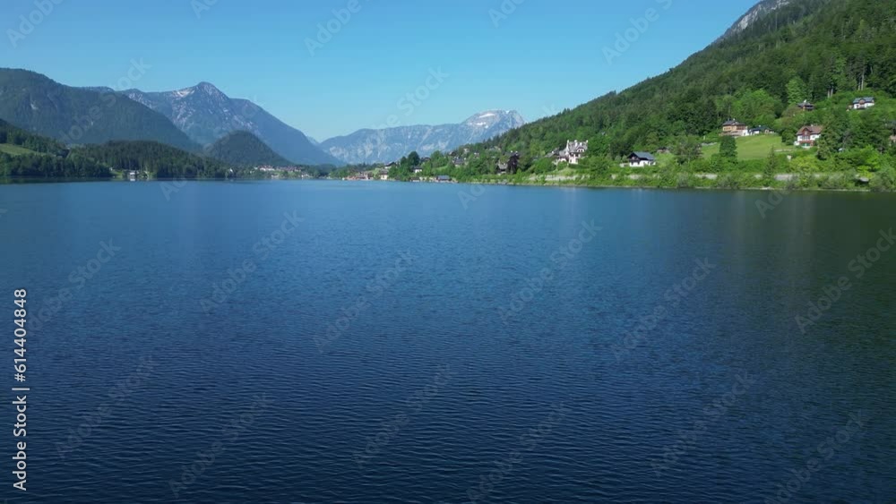 Flight over of Grundlsee lake in Salzkammergut, Styria, Austria Flight over of Grundlsee lake in Salzkammergut, Styria, Austria