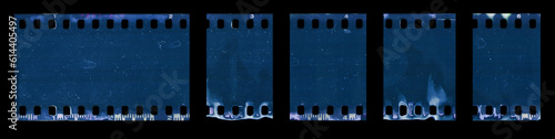 single 35mm filmstrip material pieces on black background. poster or design elements. 
