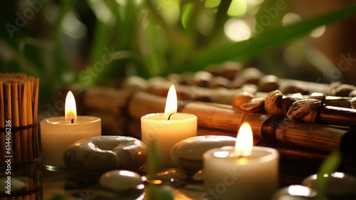 Natural cosmetics and Beauty spa treatment with candles with stones in Bamboo forest for spa wallpaper Generative AI