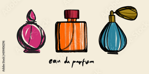 Set of Beautiful perfume bottles. Isolated vector design elements on a white background. Fashion sketch