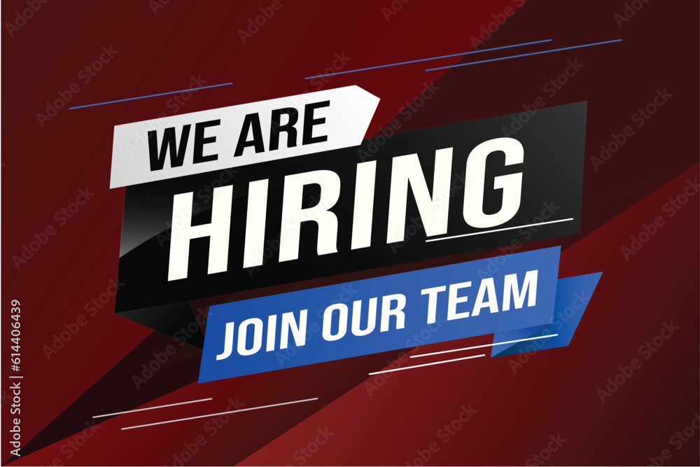Obraz premium hiring recruitment Join now design for banner poster We are hiring lettering with geometric shapes lines. Vector illustration typographic. Open vacancy design template modern concept
