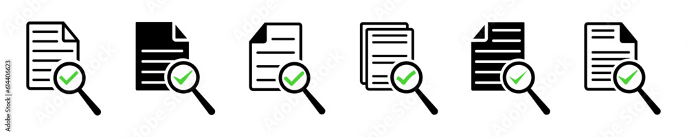 Set of analysis, audit or analytics vector icons. Document with magnifier glass and check mark. Vector 10 Eps. Set of analysis, audit or analytics vector icons. Document with magnifier glass and check mark. Vector 10 Eps.