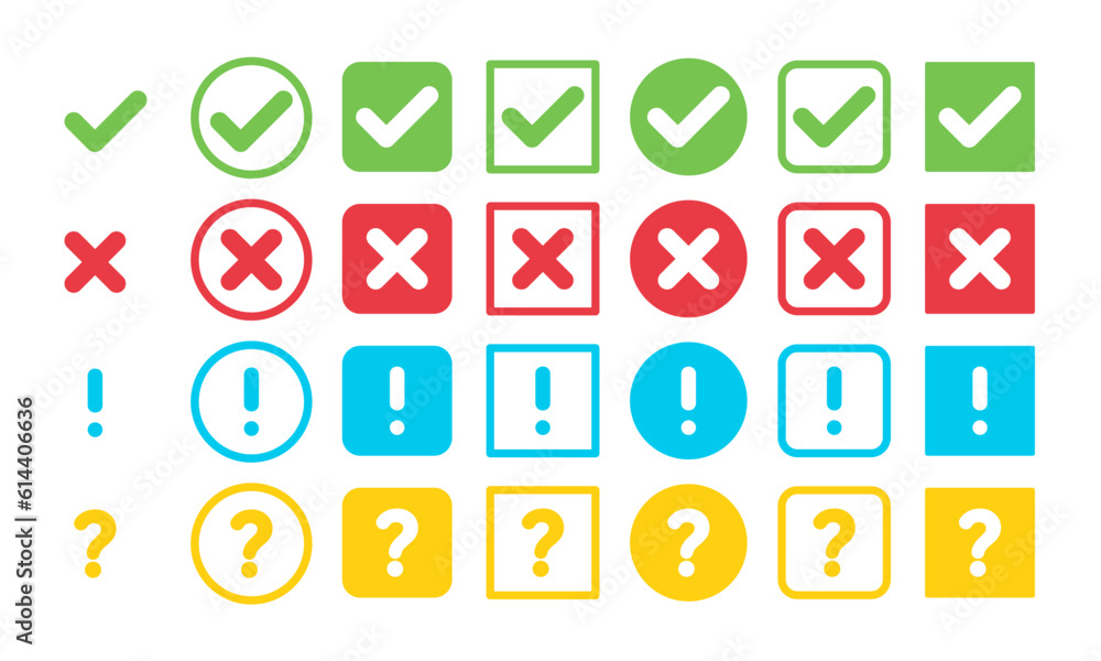 Set of check mark, exclamation, cross and question sign. Colored signs. Vector 10 Eps. Set of check mark, exclamation, cross and question sign. Colored signs. Vector 10 Eps.