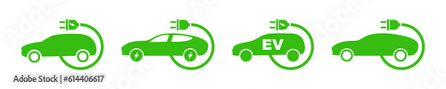 Set of green electric car with plug. Electric car charger place. Recharger battery station for automobile. Friendly alternative energy.