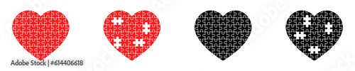Set of heart puzzle vector icons. Pieces jigsaw in love shape. Black and red puzzle heart with missing element. Vector 10 Eps.