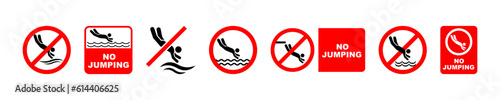 Set of no jumping in water vector labels or stickers. Ban to diving. No jumping on pool. Red prohibited, forbidden or prohibition signs.