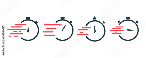 Set of speed time vector icons. Quick clock. Fast delivery service. Rapid time. Vector 10 Eps. 