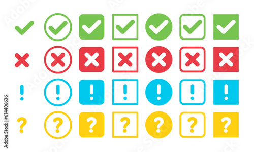 Set of check mark, exclamation, cross and question sign. Colored signs. Vector 10 Eps.