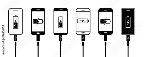 Set of charging phone vector icons. Smartphone connection to charge battery. Usb cable and mobile phone. Vector 10 Eps.