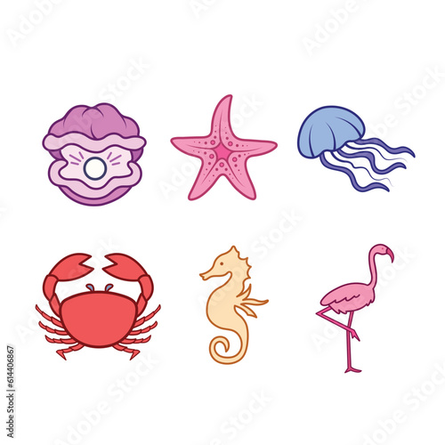 Beach or sea marine animals full colored and outlined vector icon set collection isolated on square white background. Simple flat sea marine animal creatures outlined cartoon drawing.