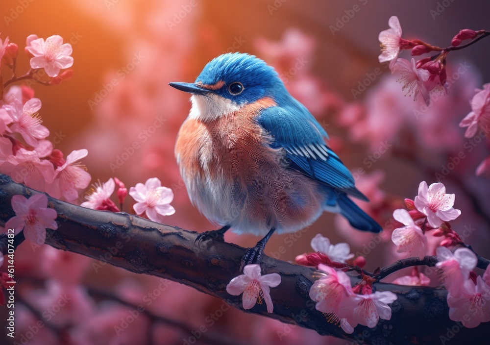A charming bluebird perched on a blossoming branch. Wallpaper, Background, digital Poster, Generative AI.