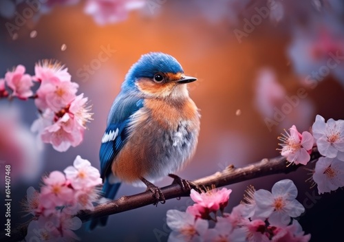 A charming bluebird perched on a blossoming branch. Wallpaper, Background, digital Poster, Generative AI. © Metodi