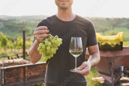 Young man holding fresh garpes and a glass of fresh made vine with wineyard in the background during sunset time photo