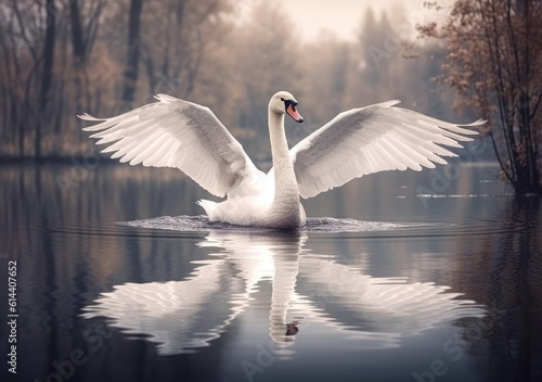 A graceful swan gracefully gliding across a tranquil. Wallpaper  Background  digital Poster  Generative AI.