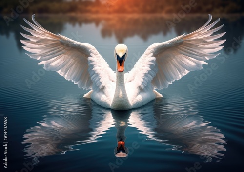 Fototapeta Naklejka Na Ścianę i Meble -  A graceful swan gracefully gliding across a tranquil. Wallpaper, Background, digital Poster, Generative AI.