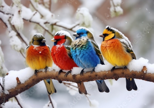 A group of colorful birds perched on snow covered. Wallpaper, Background, digital Poster, Generative AI. © Metodi