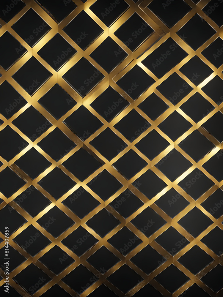 Luxury abstract black metal background with golden light lines. Dark 3d geometric texture illustration. Bright grid pattern. Pure black horizontal banner wallpaper. Elegant BG. Square diamond tiles.ai