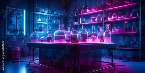 a lab with a glass container full of pink liquid