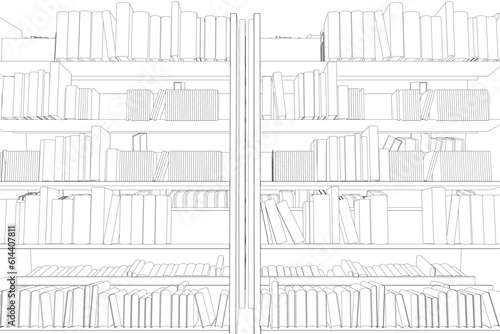 Vector of library book shelf background. Mockup of bookshelf with blank books. Outline Books on the shelves simply retro vector illustration. line drawing of book, library, education, school, study.
