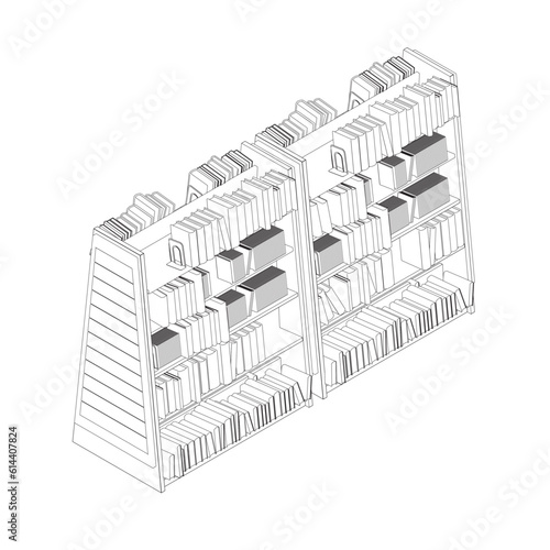 Vector of library book shelf background. Mockup of bookshelf with blank books. Outline Books on the shelves simply retro vector illustration. line drawing of book, library, education, school, study 3D