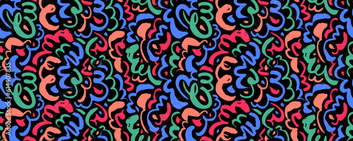 Fun colorful line doodle seamless pattern. Scribbles and squiggles. Modern abstract color childish background. Creative abstract wavy and curly lines, swirls, spirals. Childish squiggle wallpaper.
