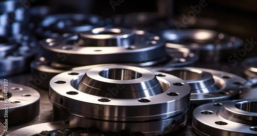 steel flanges are gathered on a stainless steel plate