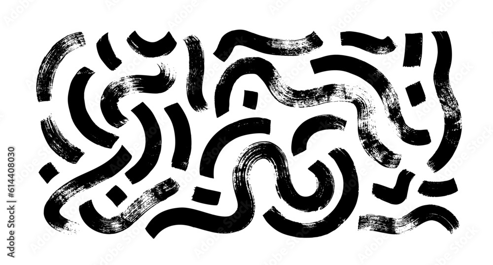 Black paint curly brush strokes with curved dashes. Chaotic squiggles with decorative texture. Vector bold brush strokes, wavy thick lines. Japanese calligraphy smears. Hand drawn curved grunge lines. - obrazy, fototapety, plakaty 