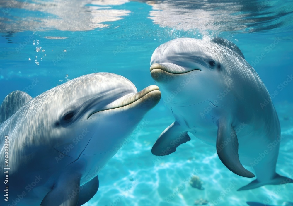 Fototapeta premium Playful Dolphin Pods beautiful picture. Wallpaper, Background, digital Poster, Generative AI.