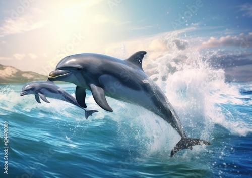 Playful Dolphin Pods beautiful picture. Wallpaper  Background  digital Poster  Generative AI.