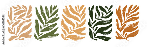 Matisse inspired contemporary plant shapes in neutral colors. Brush drawn branches with long leaves and curved stems. Modern Matisse style. Hand drawn abstract vector palm leaf in rectangle shapes.