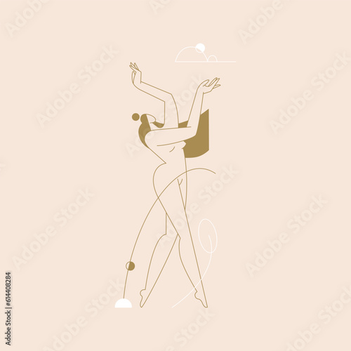 Female body vector illustration. Nude woman silhouette composition, geometric shapes feminine figure, boho colored contemporary design. Self care, body beauty concept for logo, branding. Modern art