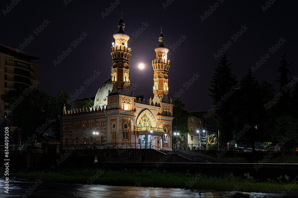 Sunni mosque in Vladikavkaz at night