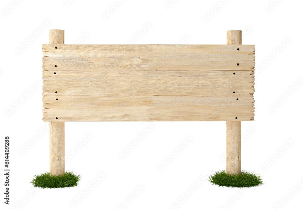 Empty, blank large wooden sign nailed onto two wooden posts on green grass patches with room for text, wooden board sign template isolated on white background Empty, blank large wooden sign nailed onto two wooden posts on green grass patches with room for text, wooden board sign template isolated on white background