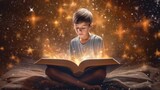 Cute boy reading magic book. AI generative image.