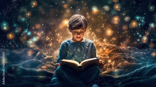 Cute boy reading magic book. AI generative image.