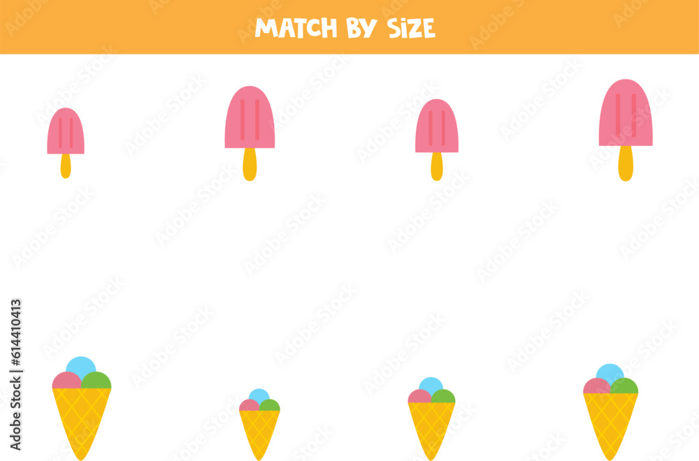 Matching game for preschool kids. Match ice creams by size. Matching game for preschool kids. Match ice creams by size.