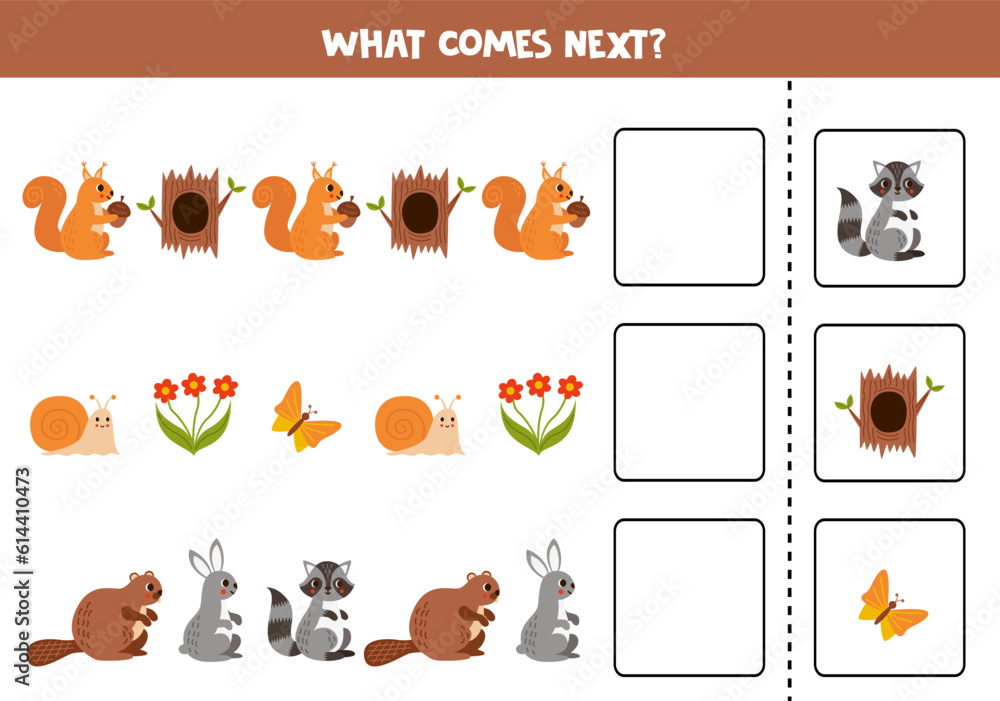 What comes next game with cute cartoon woodland animals. What comes next game with cute cartoon woodland animals.