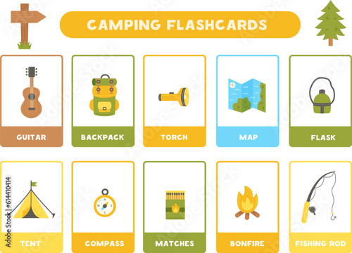 Cute camping items with names. Flashcards for learning English.