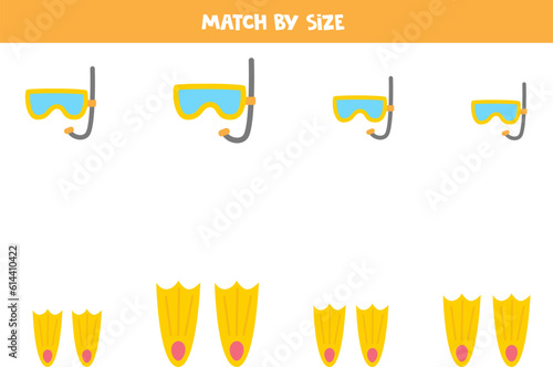 Matching game for preschool kids. Match diving masks and flippers by size.