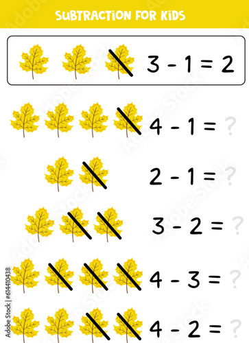 Subtraction game with cute cartoon autumn leaf. Matching game.