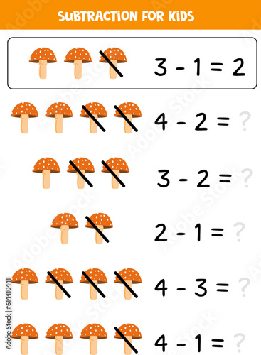 Subtraction game with cute cartoon fly agaric. Matching game.