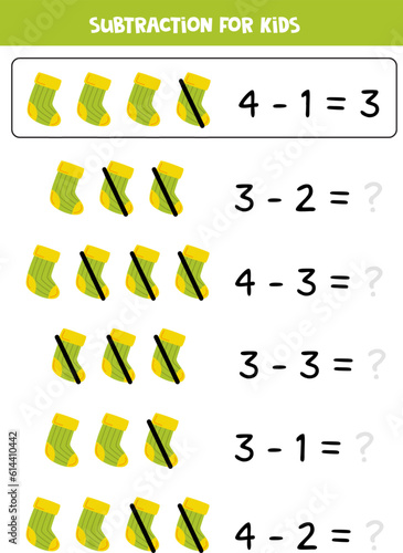 Subtraction game with cartoon green sock. Matching game.