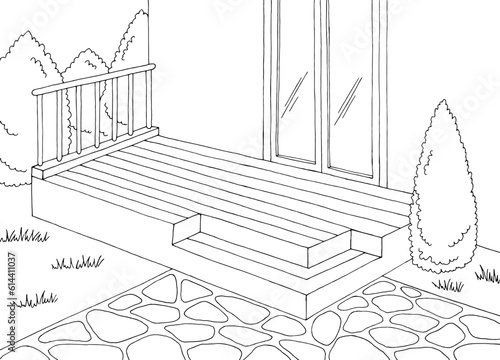 Backyard deck garden graphic black white sketch illustration vector 
